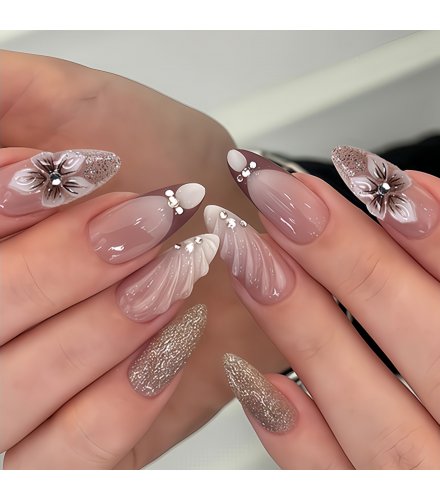 NA094 - Light Brown 3D Floral Nails